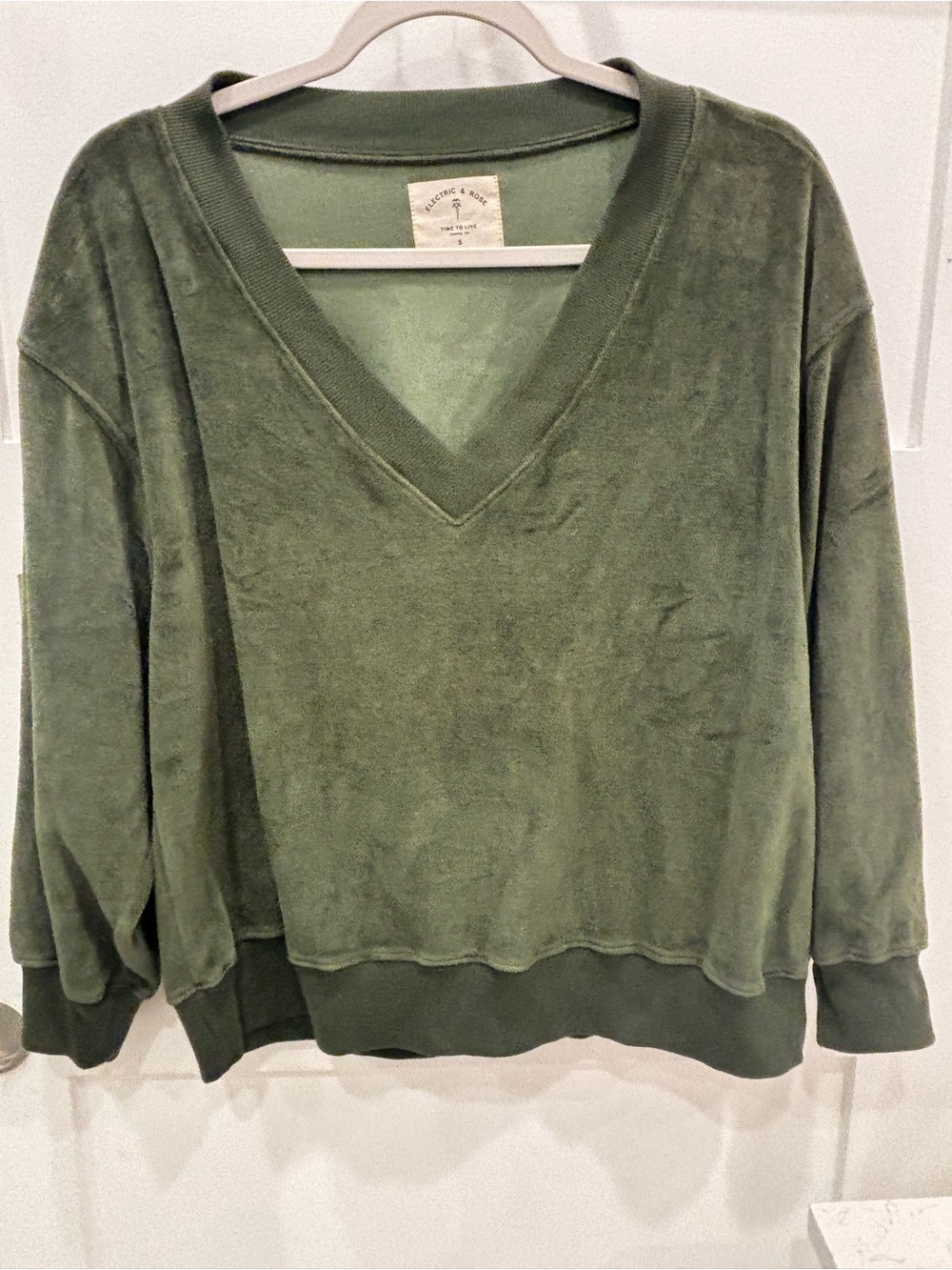 Electric & Rose Olive Velour V-Neck Pullover Made in Venice CA